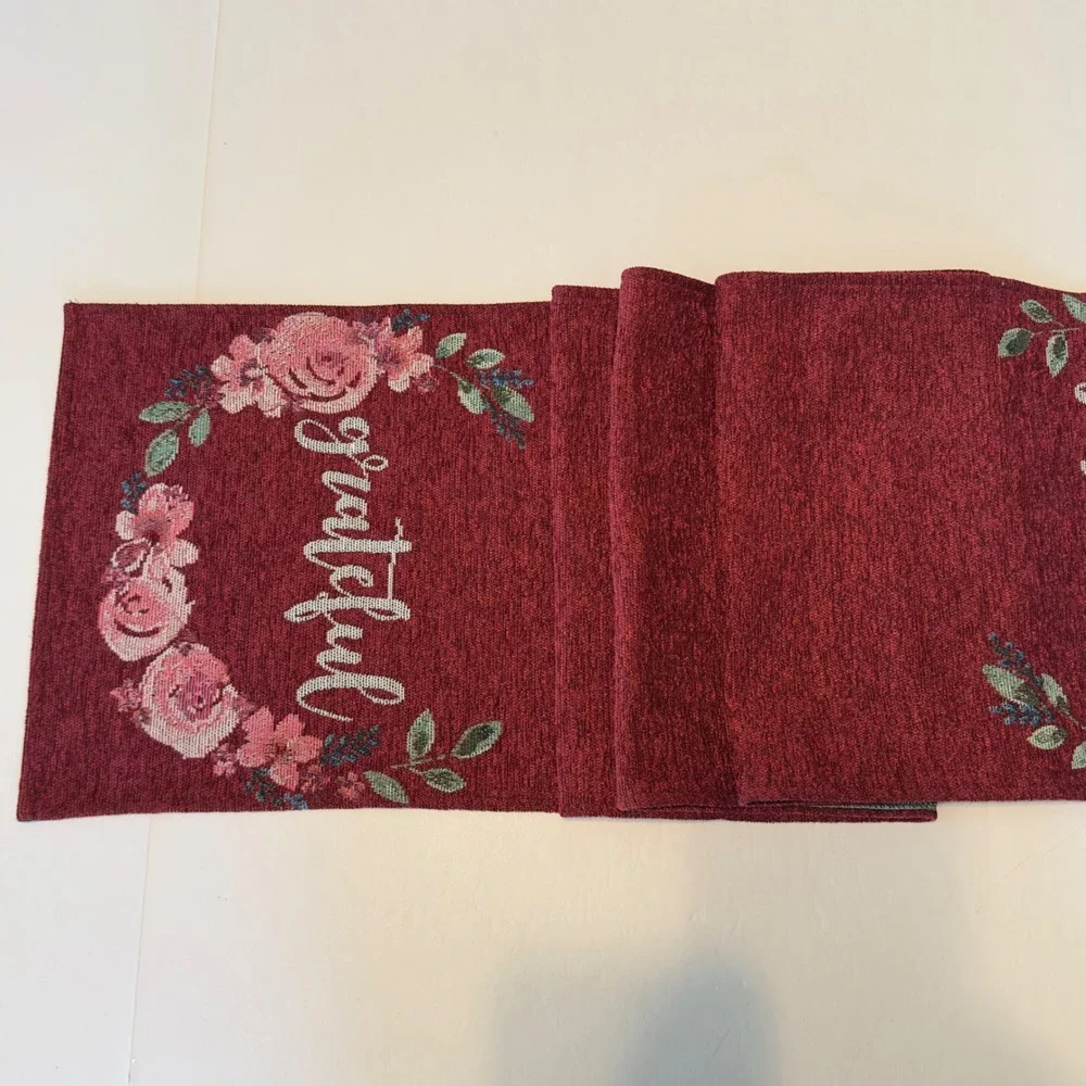 Grateful Floral‎ Tapestry Table Runner Burgundy Wine 70x12.5 Thanksgiving Fall